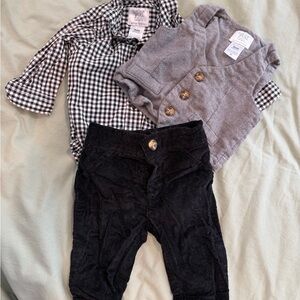 3 Month Baby Dressy Set with Gingham Bodysuit, Gray Vest & Black Pants